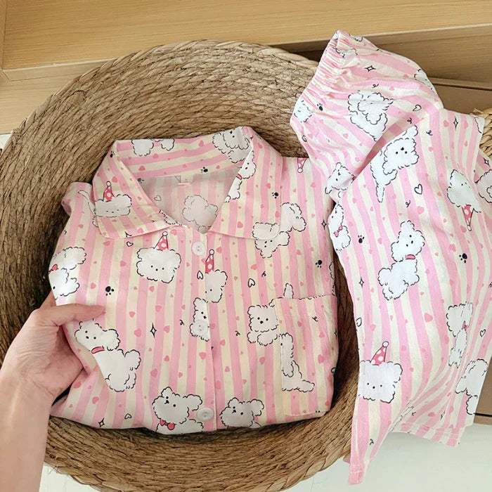 Sweet Cute Goose Print Korean Pajamas Nightwear Kawaii Casual Lapel Neck Y2K Pajamas Set Loungewear