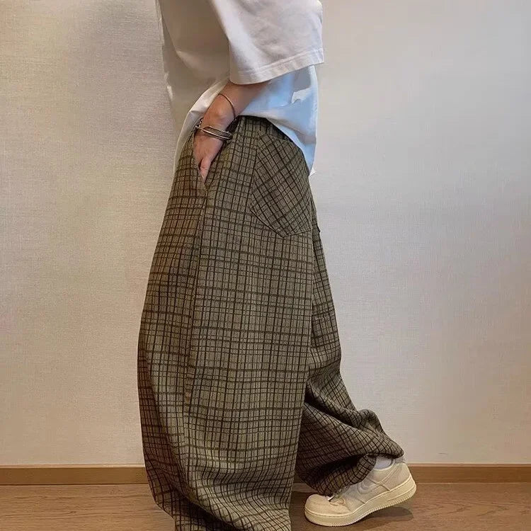 Retro American Canvas Straight Leg Pants Fine Plaid Design Sensation Small Audience Wide Leg Casual Trousers