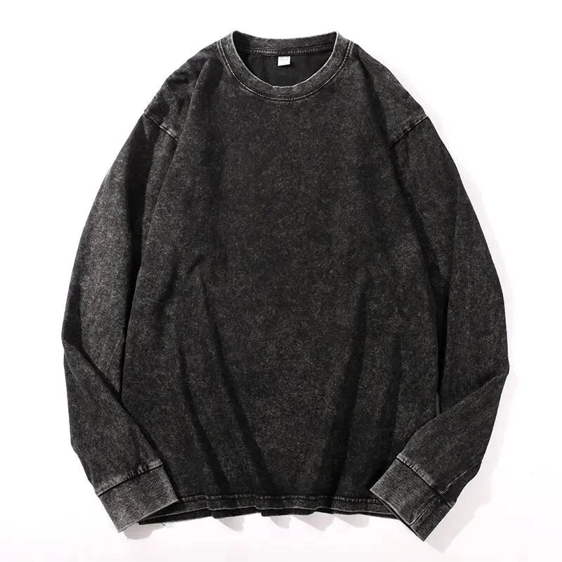 Plus Size Washed Pure Cotton Long Sleeve T-Shirt European Style Oversized round Neck Big Size