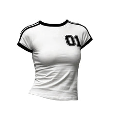 Y2K Trends White Crop Tops Streetwear Baby T-Shirt Short Sleeve Splicing Vintage Slim