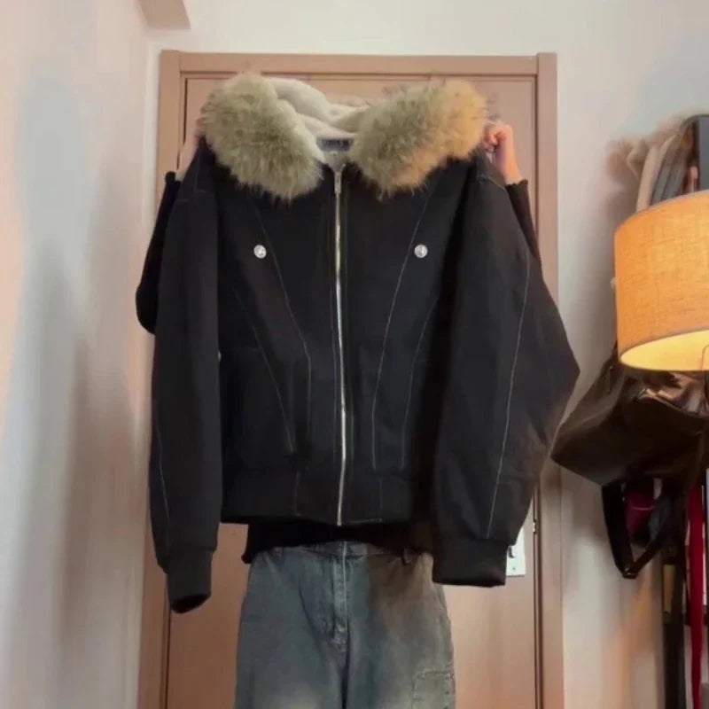 2000s Black Elegant Jacket Y2k Zip Up Hooded Design Harajuku Coat Loose Casual Punk Outfits