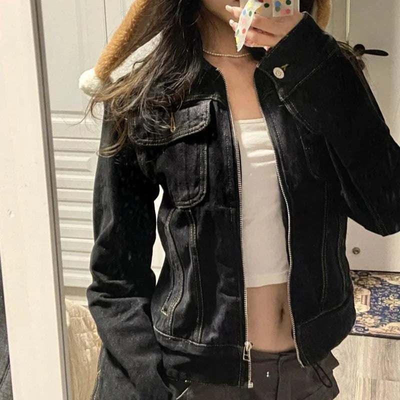 solid color zipper denim jacket