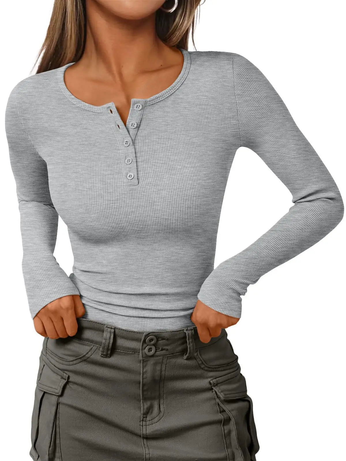 Fashionable Long Sleeve Slim Fit Henry Collar T-Shirt Ribbed Basic Style Top