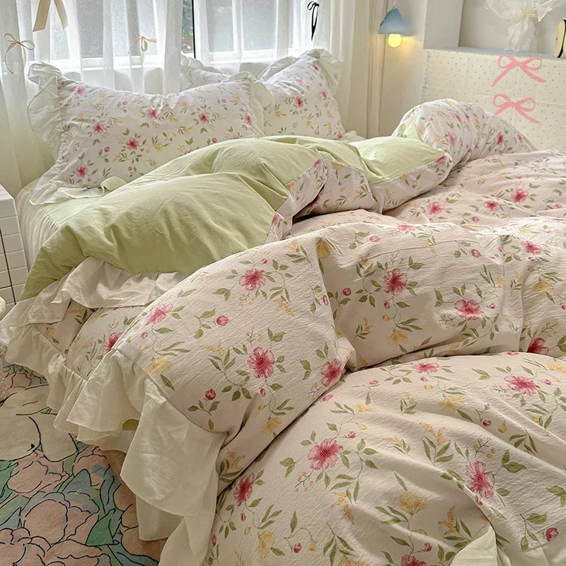 1.5/1.8 Korean Style 100% Cotton Fitted Sheet Sets with Lace Flower Print Bedding Set