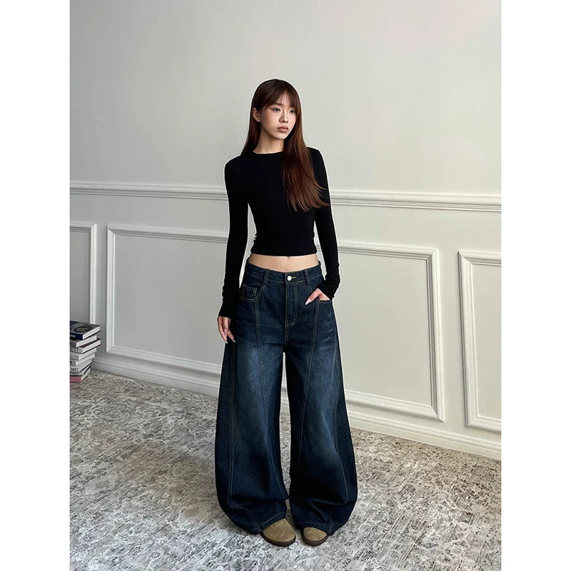 Blue Retro Y2K 2000s Wide Leg Baggy Casual Denim Trouser High Waist Loose Jeans Harajuku Full Length Pants