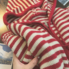 Contrast Color Stripe Hood Knit Cardigan Women