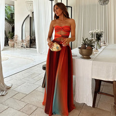 Tie-dye Gradient Hollow Out Maxi Dress Elegant Off Shoulder A-line Hem Long Dresses Holiday Robes