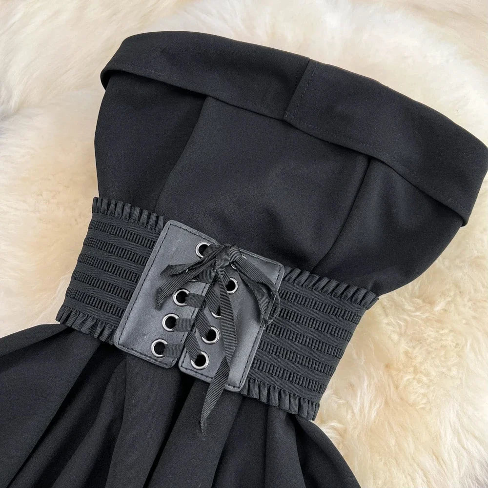 2pcs Sets Outfits Strapless Irregular Skinny A-line Dresses+elastic High Waist Solid Wide-leg Shorts Femme Suits