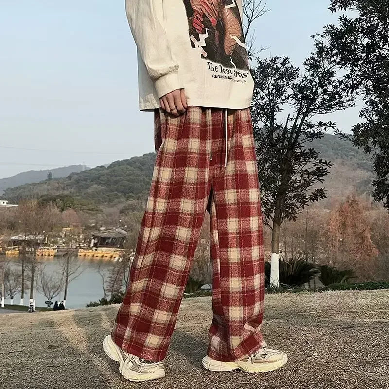 Vintage American Style Tweed Plaid Pants Loose Straight Wide Leg Casual Trousers Trendy Brand Punk Rock Streetwear
