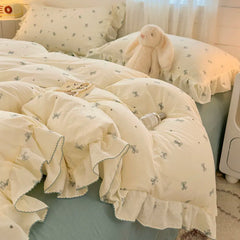 INS Princess Style Bedding Sets Ruffle Lace Bow Quilt Cover Romantic Bedclothes Decor Girls Bedroom Duvet Cover 4pcs