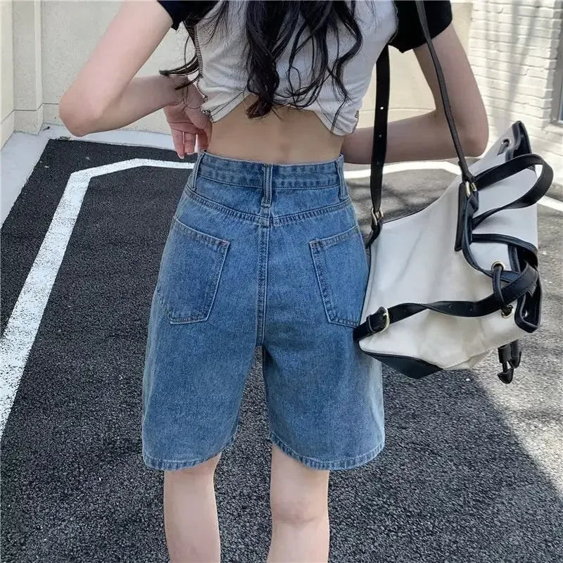 American Retro High Waist Denim Shorts Slim Straight Leg Casual Student Versatile Wide Leg Five-Point Pants