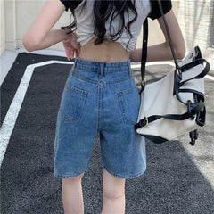 American Retro High Waist Denim Shorts Slim Straight Leg Casual Student Versatile Wide Leg Five-Point Pants