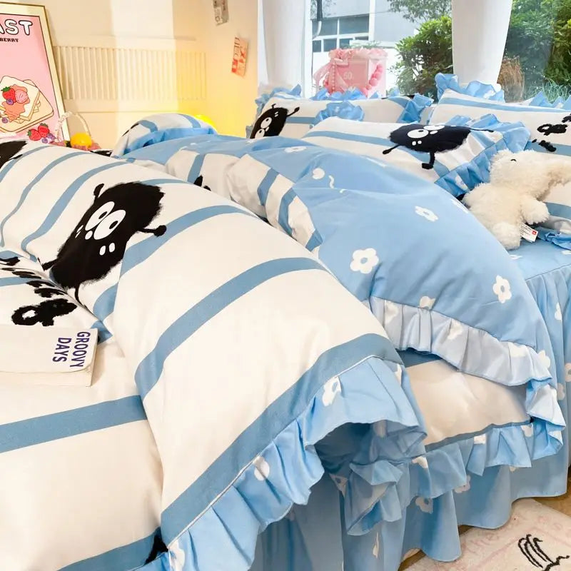 Cartoon Washed Cotton Bed Sheet Four-piece Set Non-cotton Thickened Brushed Quilt Cover Bed Skirt Style Princess Style Bedroom
