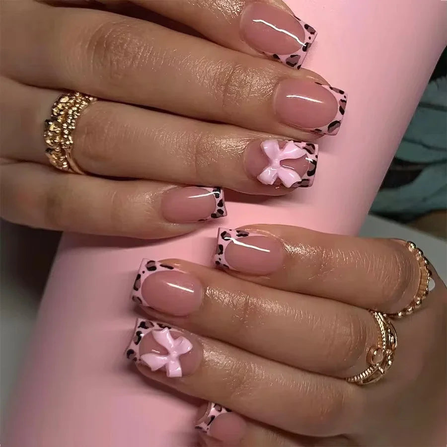 24Pcs Brown Plaid Press on Nails French Bow False Nail Medium Almond Atmosphere Wearable Nail