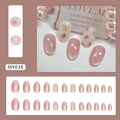 24pcs Oval False Nails French Strawberry Butterfly Cat Eye Press on Nails Fake Nails DIY Manicure Detachable Nail Tips