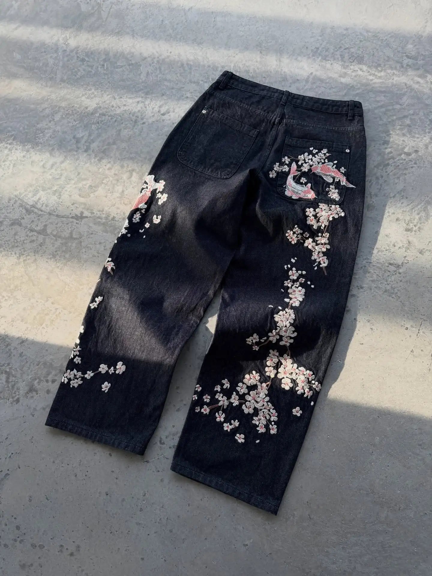 American Style Loose Jeans Gothic Punk Carp Cherry Blossom Embroidery Casual Straight Wide Leg Jeans Streetwear
