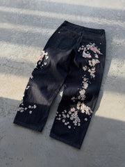 American Style Loose Jeans Gothic Punk Carp Cherry Blossom Embroidery Casual Straight Wide Leg Jeans Streetwear