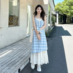 Plaid Fake Two Piece Suspender Dress Retro Loose Long Dress
