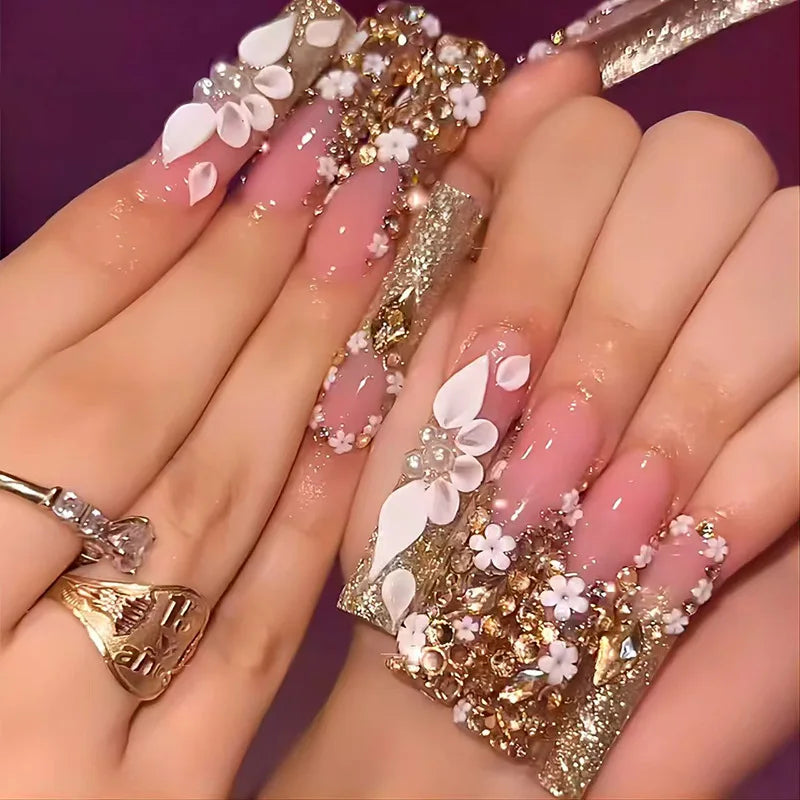 24pcs Rhinestones Full Cover Nail Art Datachable Glitter French Press on Nails Tip Flower Long Square Fake Nail Pink False Nails