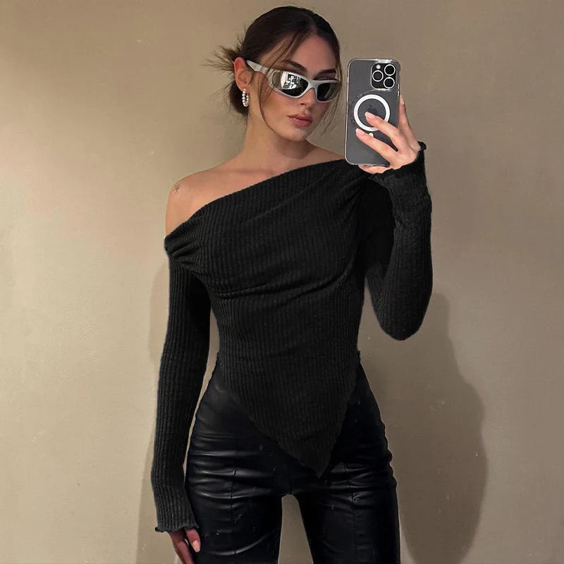 T-shirt Black Skew Collar Tees Long Sleeves Asymmetrical Lady Elegant Versatile Clothing