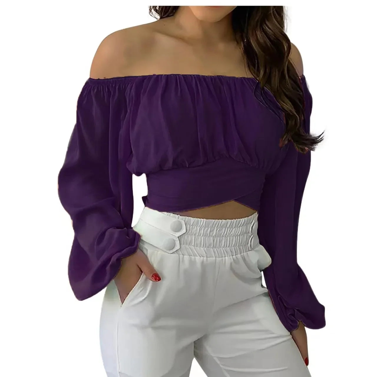 Off Shoulder Shirts Puff Long Sleeve Y2K Crop Tops Clothes Black White Blouse Bandage Elegant Shirt