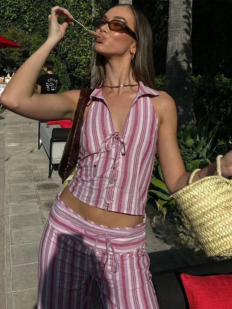 Striped Lace Up Vest Pants Set Sleeveless Backless Slim Lady Top Sets Straight Casual Pant Suit