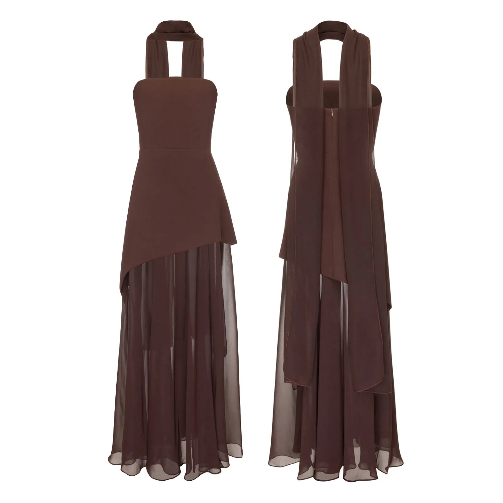 Combhasaki Elegant Strapless Sheer Ruffle Hem Patchwork Backless High Split A-line Party Tube Long Dress with Scarf