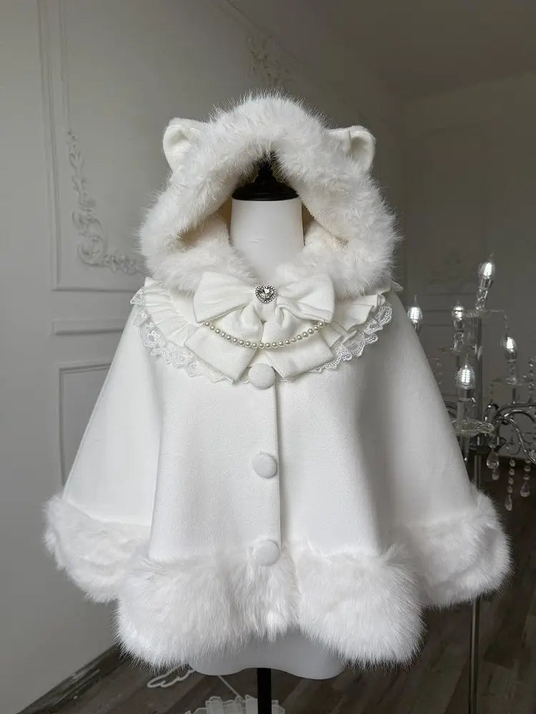 Lolita Shawl Overcoat Design Bow Hooded Patchwork Kawaii Cope Coat Warm Chic Sweet Fur Collar Coat