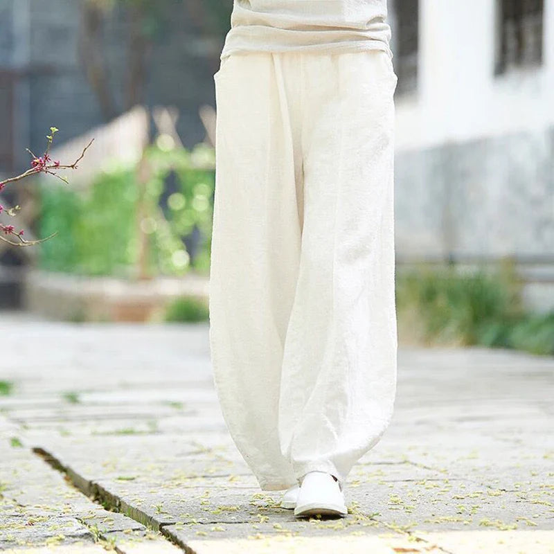 Cotton Linen Bloomers Wide Leg Pants Vintage Full Length Elegent Pants Solid Elasitic Waist 5XL