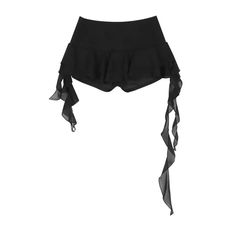 Y2k American Girls Two-Piece Suit Hollow Lace Mesh Shirt Irregular Mini Shirt Retro Causal Skirt Suits