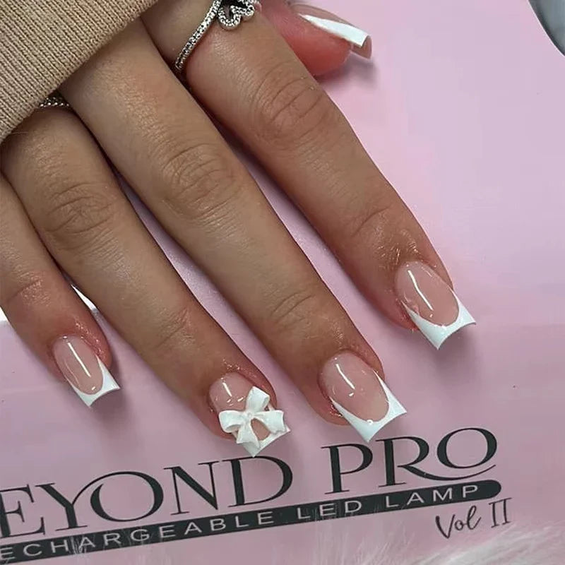 24Pcs Brown Plaid Press on Nails French Bow False Nail Medium Almond Atmosphere Wearable Nail