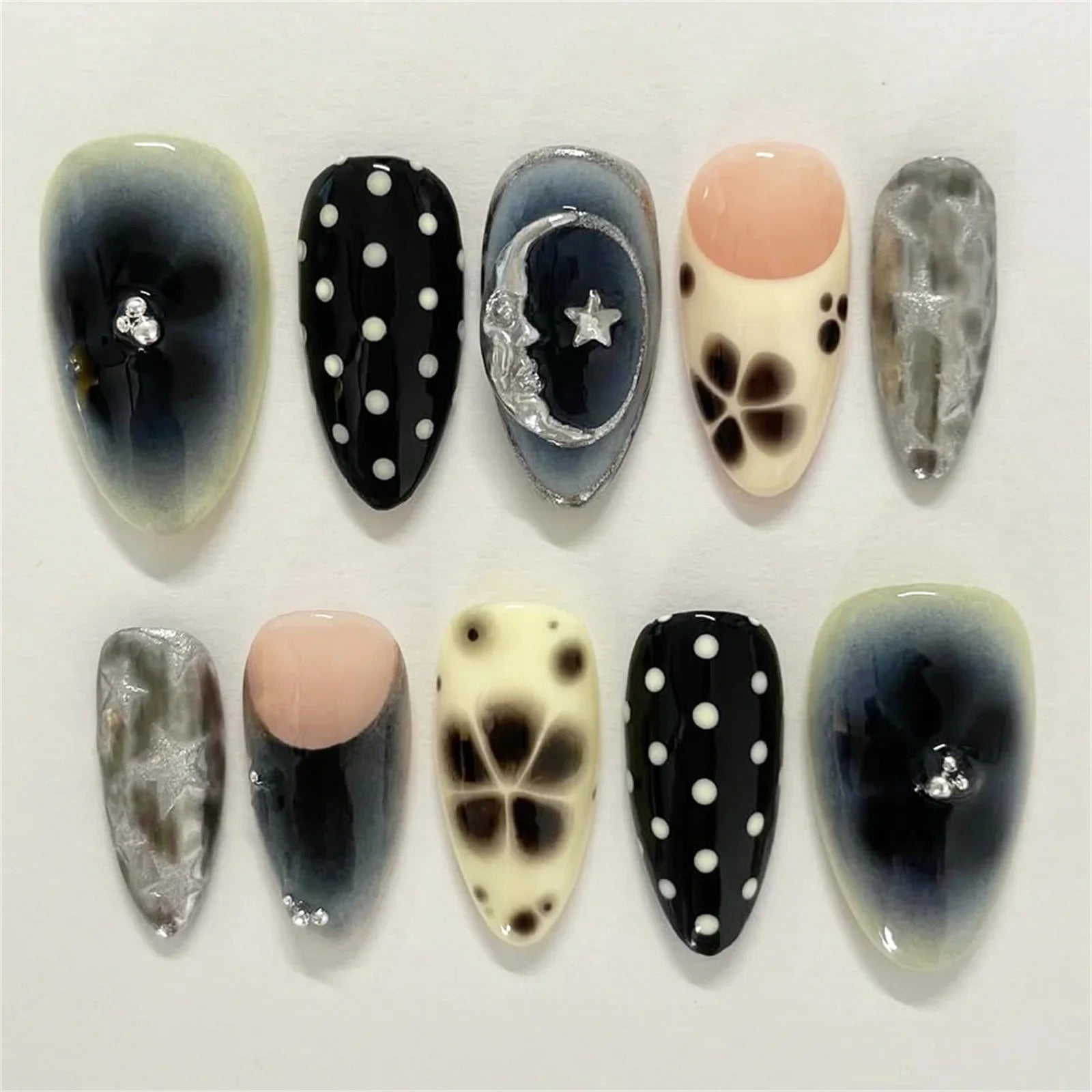 24pcs Flower Print Press on Nails Wine Red Blush Almond False Nail Tips Wearable Reusable Spicy Girl Fake Nails