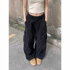 Washed Cotton Cargo Pants Loose Wide Leg Street Dance Long Trousers Multi Pocket Workwear High Waist Casual Pants