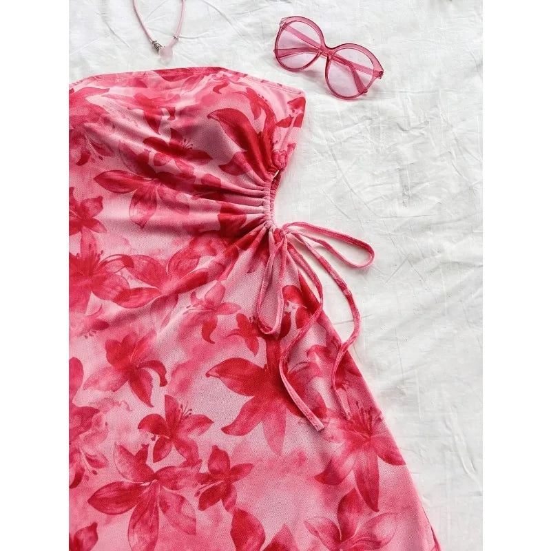 Floral Print Tube Mini Dress Strapless Backless Party Club Short Ruched Drawstring Bodycon Party Dresses Streetwear