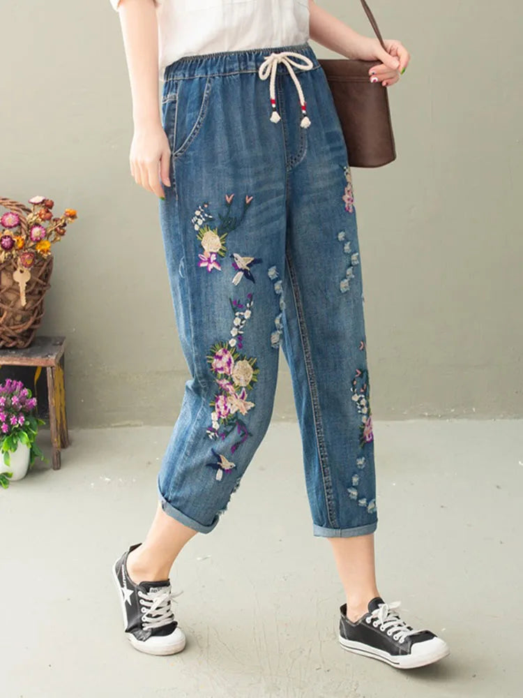 AmaxluluE Vintage Floral Loose Denim Pants Chinese Style Casual Ripped Blue Jeans Holes Elastic Harem Trousers