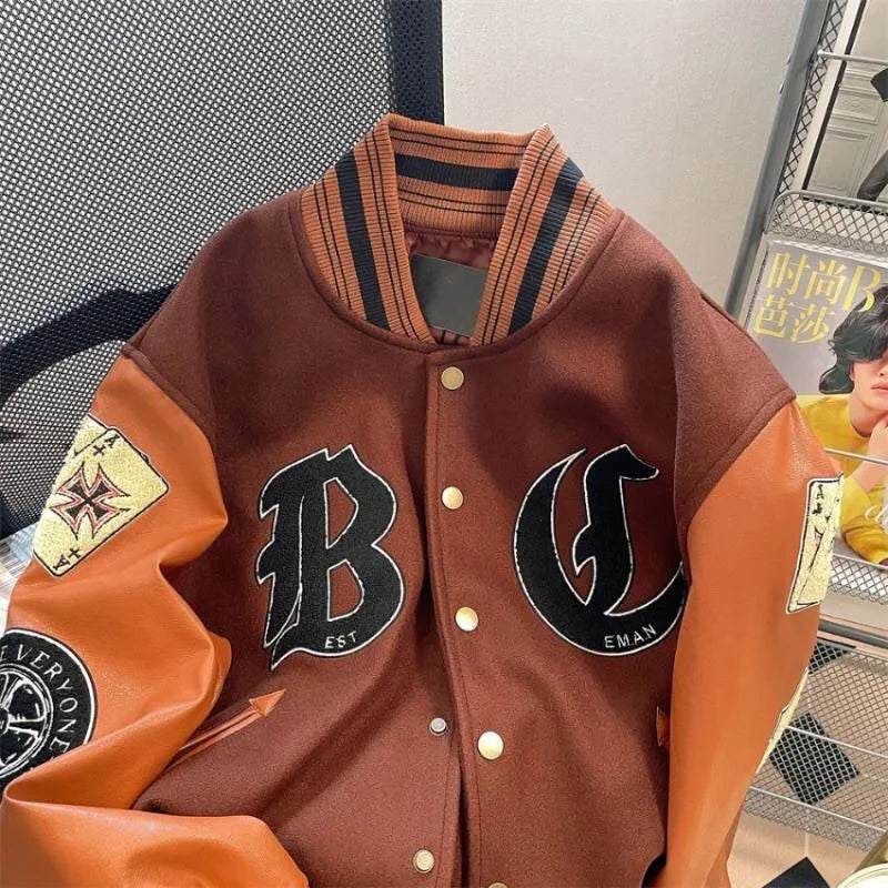 American Retro Letter Flocking Splicing Jacket Y2K High Street Hip-hop Loose Tooling Baseball Uniform Jacket