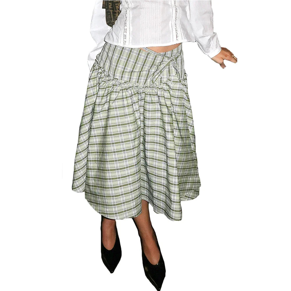 Vintage 2000s Plaid Skirts Casual Tie-Up Low Waist Tiered Ruffles Hem A-Line Midi Skirts Streetwear