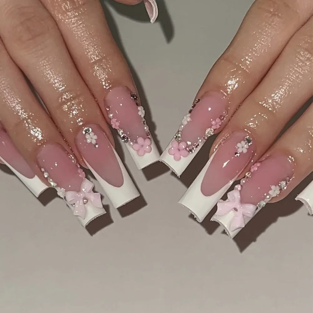 24pcs Rhinestones Full Cover Nail Art Datachable Glitter French Press on Nails Tip Flower Long Square Fake Nail Pink False Nails