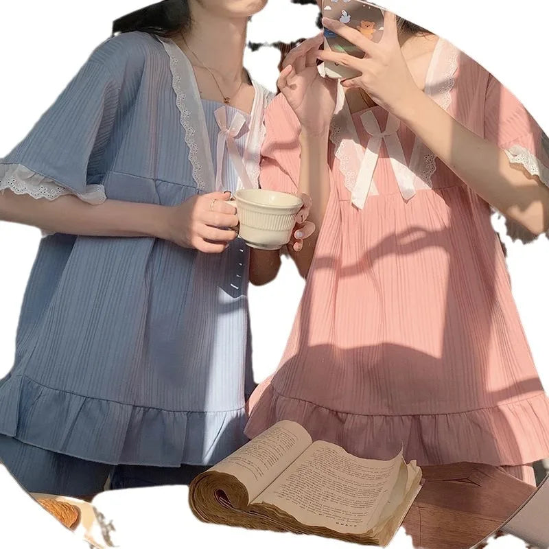 Palace Style Pajamas Ladies Loungewear Set Short-Sleeved with Cushion Korean Small Sweet Girlfriends Loungewear Set