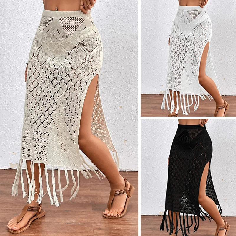 Knitted Texture Sarong Skirts High Slit Tassel Cover-Up Beach Vacation Wrapped Skirt Bikini Cover Up