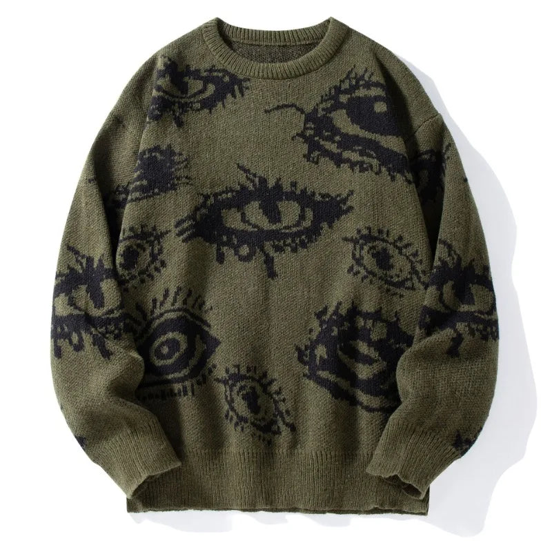 American Round Neck Long-sleeved Loose Sweater Sweater Jacquard Eye Pattern Hip Hop Casual Couple Pullover