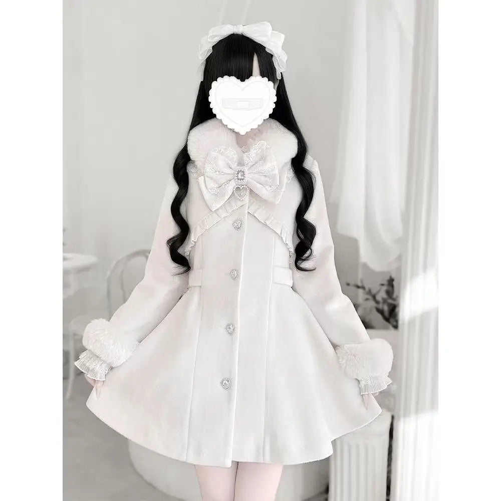 Design Elegant Pink Slim Woolen Cloth Coat Kawaii Sweet Warm Fur Collar Bow Lace Patchwork Casual Overcoat