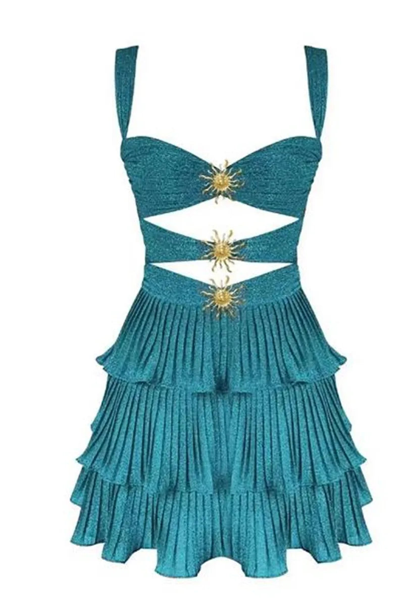 hirigin Sequin Starfish Mini Dress Spaghetti Strap Cut Out Layered Ruffle Dress Sparkly Y2k Short Cami Dress Party
