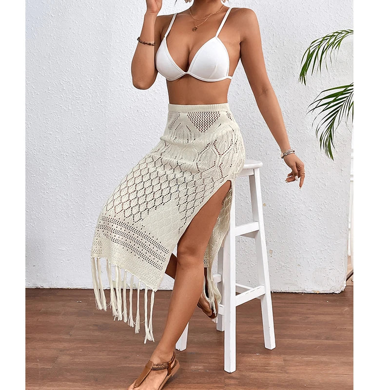 Knitted Texture Sarong Skirts High Slit Tassel Cover-Up Beach Vacation Wrapped Skirt Bikini Cover Up