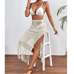 Knitted Texture Sarong Skirts High Slit Tassel Cover-Up Beach Vacation Wrapped Skirt Bikini Cover Up