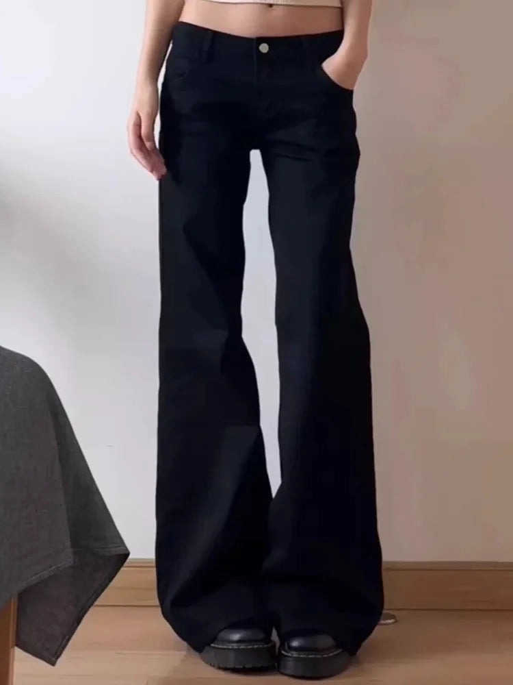 Plus Size American Style Spicy Girl Black Low Waist Wide Leg Micro Flared Jeans Early Loose Fit Versatile Straigh
