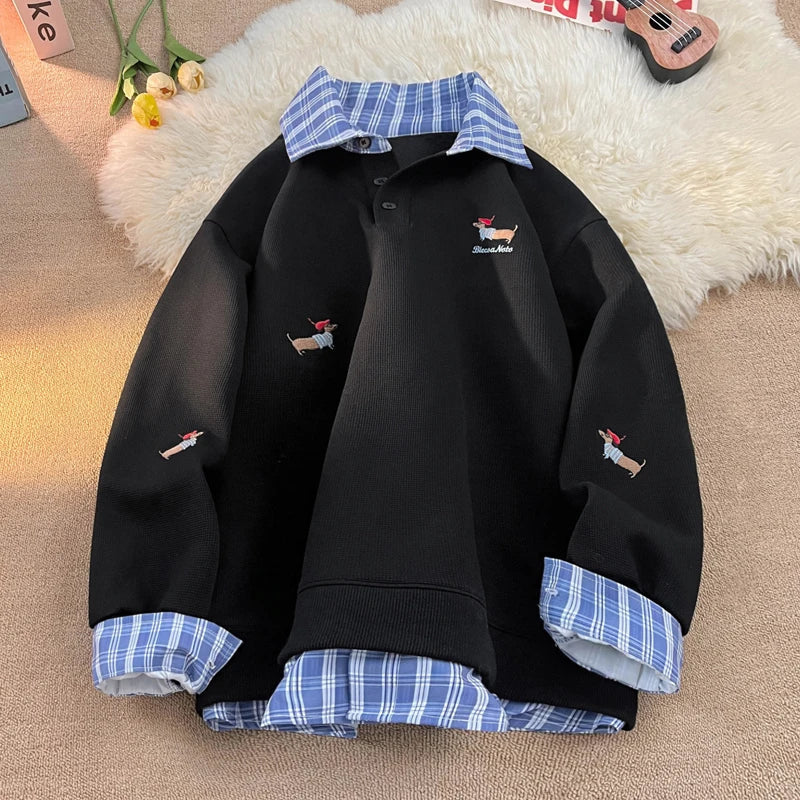 Plaid Patchwork Fake Two Sweatshirt College Style Puppy Embroidery POLO Collar Sweatshirt Loose Pullover Tops