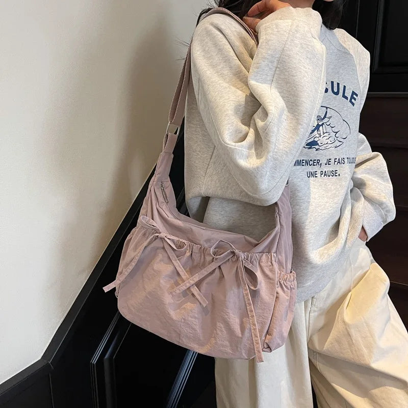 Large Capacity Shoulder Bags Lightweight Nylon Pleated Crossbody Bag Multiple Pockets Hobo Bag
