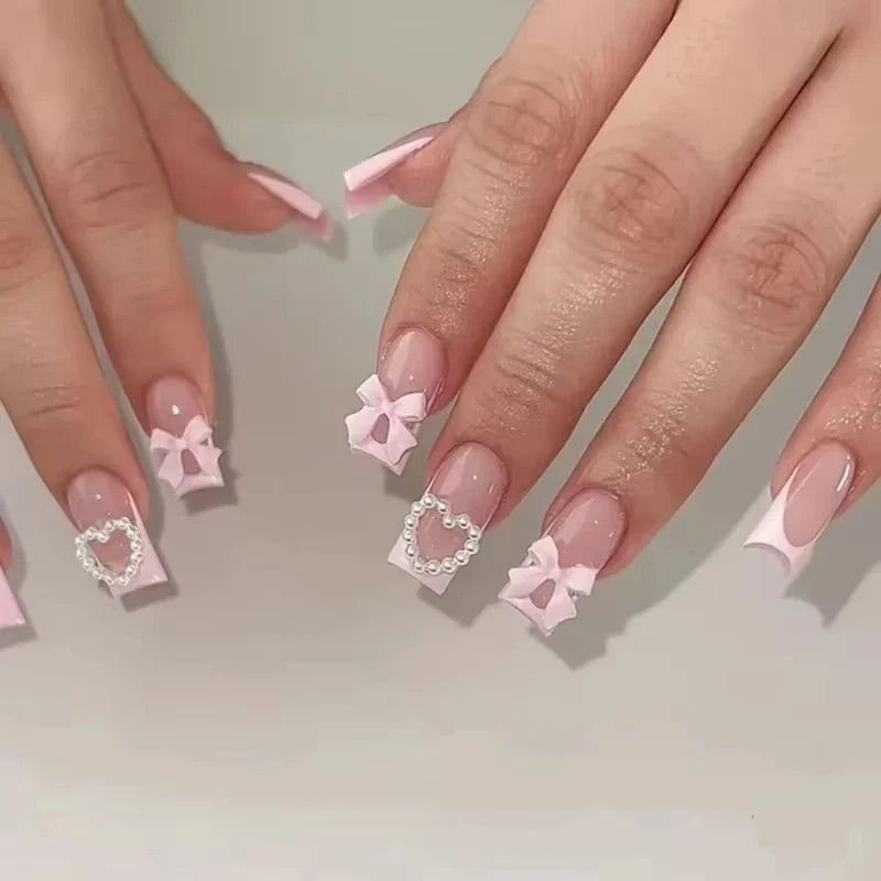24Pcs Brown Plaid Press on Nails French Bow False Nail Medium Almond Atmosphere Wearable Nail