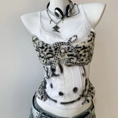 Vintage Y2K Hottie Halter Tank Tops American Subculture Leopard Patchwork Vest Kawaii Kitten Print Slim-fit Short Top